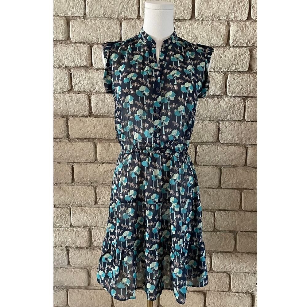 GAP‎ Sleeveless Chiffon Mini Dress - Navy & Green Fox/Tree Print - Size XS